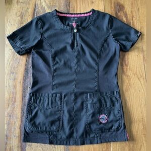 Koi Lite Women’s Black Scrub Top S Small Slim Fit Double Zipper Style Dobby